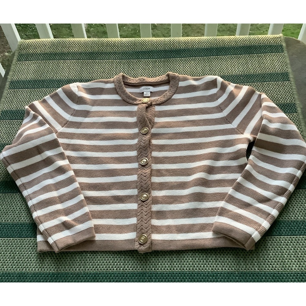 J.CREW Brown/White Striped Knit Round Neck Button-Front Cardigan Sweater Small